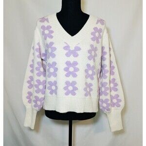 Petal + Pup Remi V-neck Lilac Oversized‎ Flower Floral Retro 70's Sweater S/M